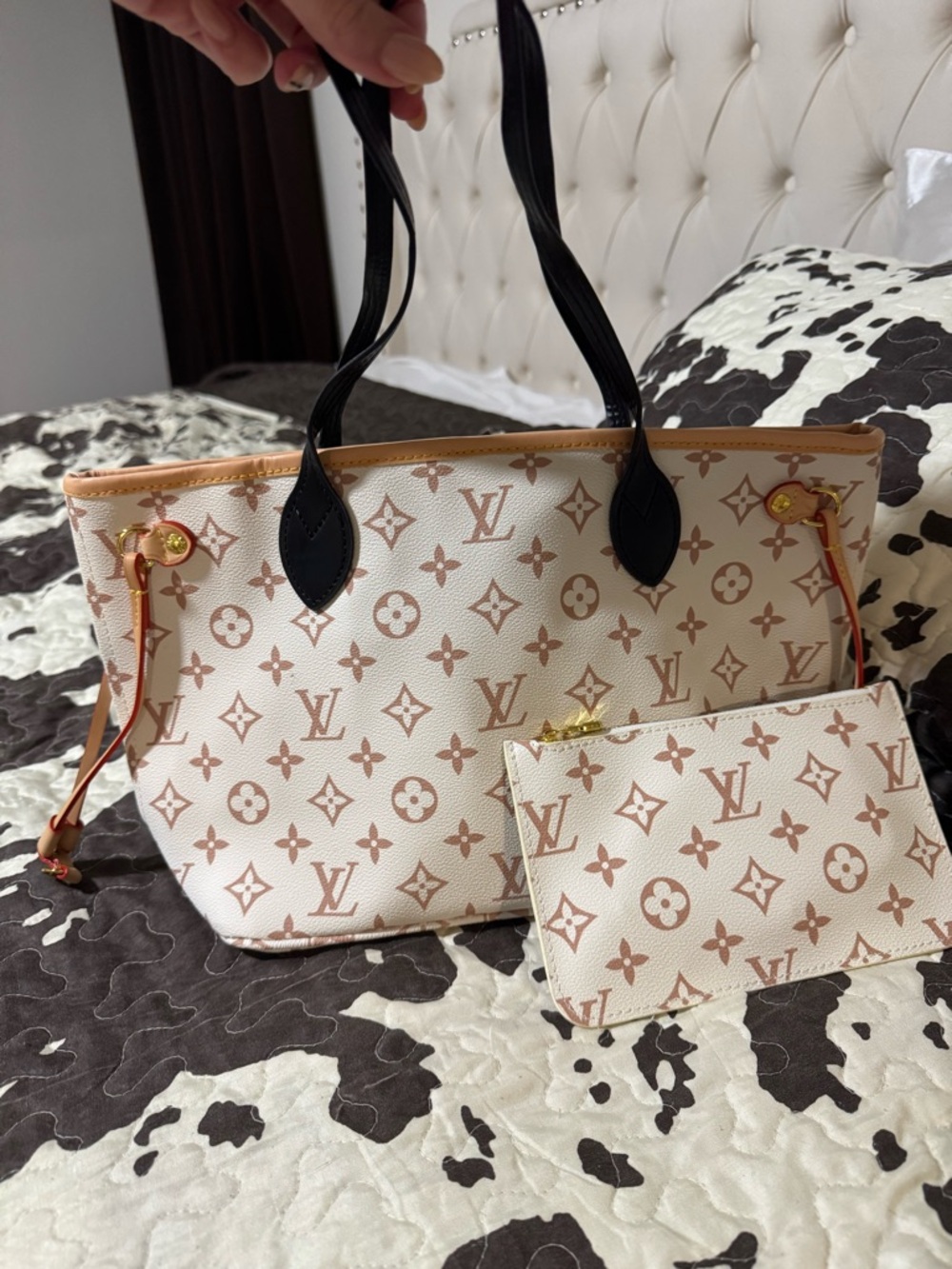 MM size cream, tan, black Monogram Canvas Tote with Pouch